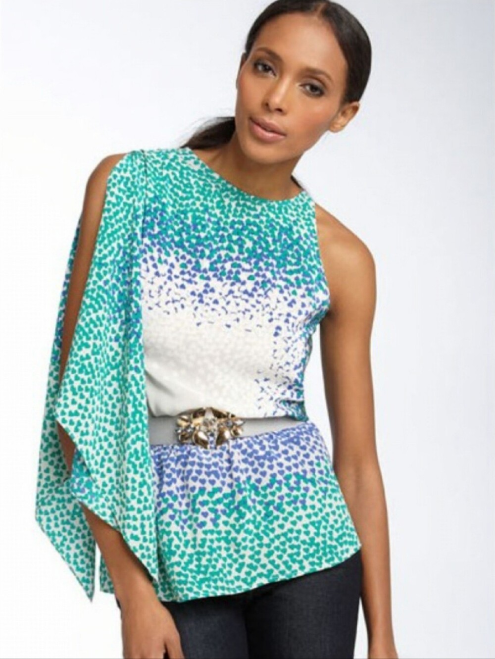 BCBGMaxAzria 100% Silk Emerald Hearts One-Shoulder Print Top Size Sm